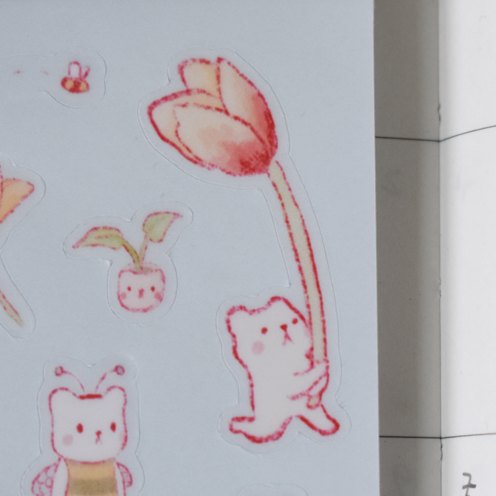 Closeup of stickers featuring bears and flowers